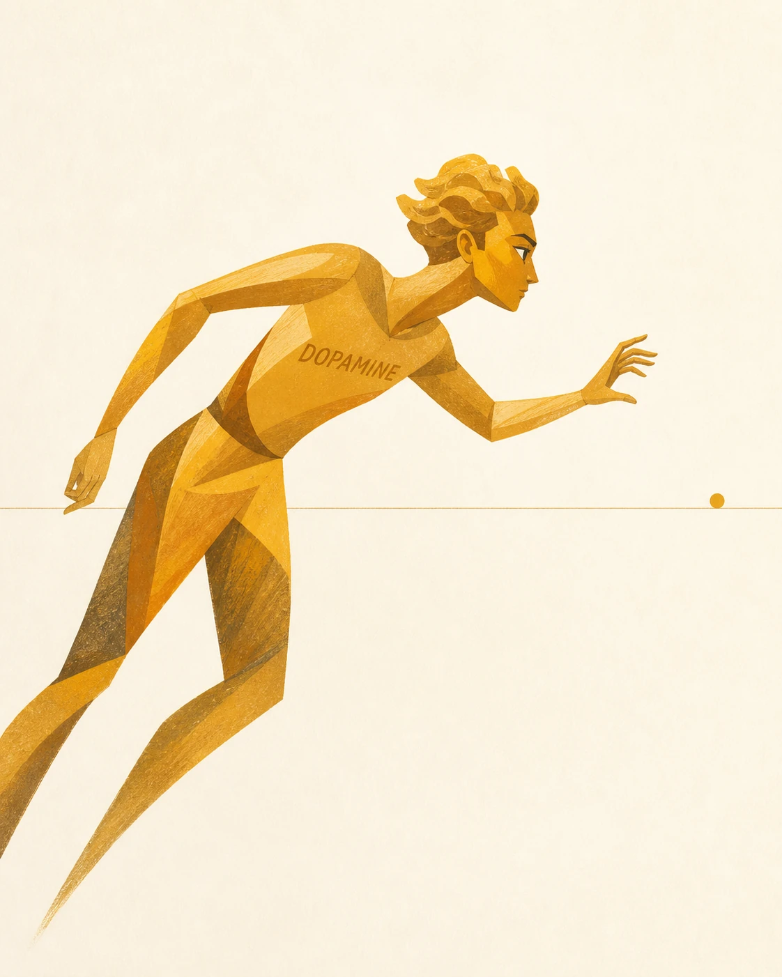 Meet dopamine — the urgent character at the front of the cast. Forward-leaning, eyes on the horizon, holding the future a half-second before it arrives.