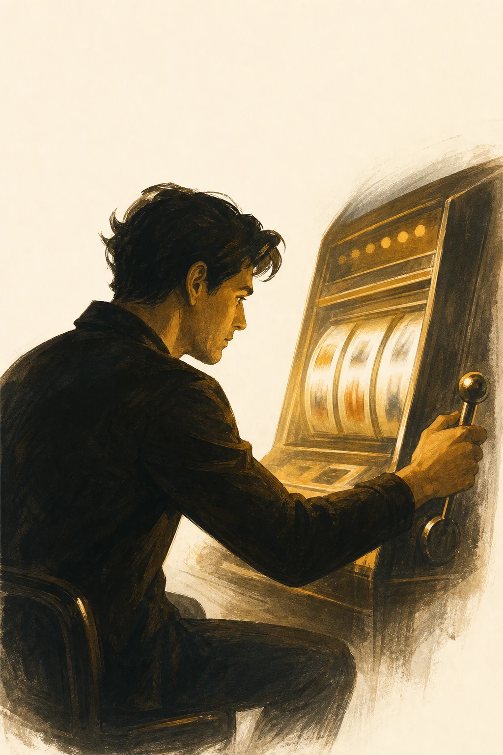 The gambler at the moment of the pull — leaning forward, eyes on the reels. What keeps the lever moving is not the win. It is the unpredictability of when the win will come.