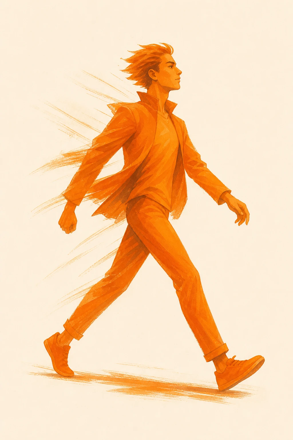 Glutamate — mid-stride, body in motion, energy radiating from posture. The forward force that pushes the rest of the brain into firing.