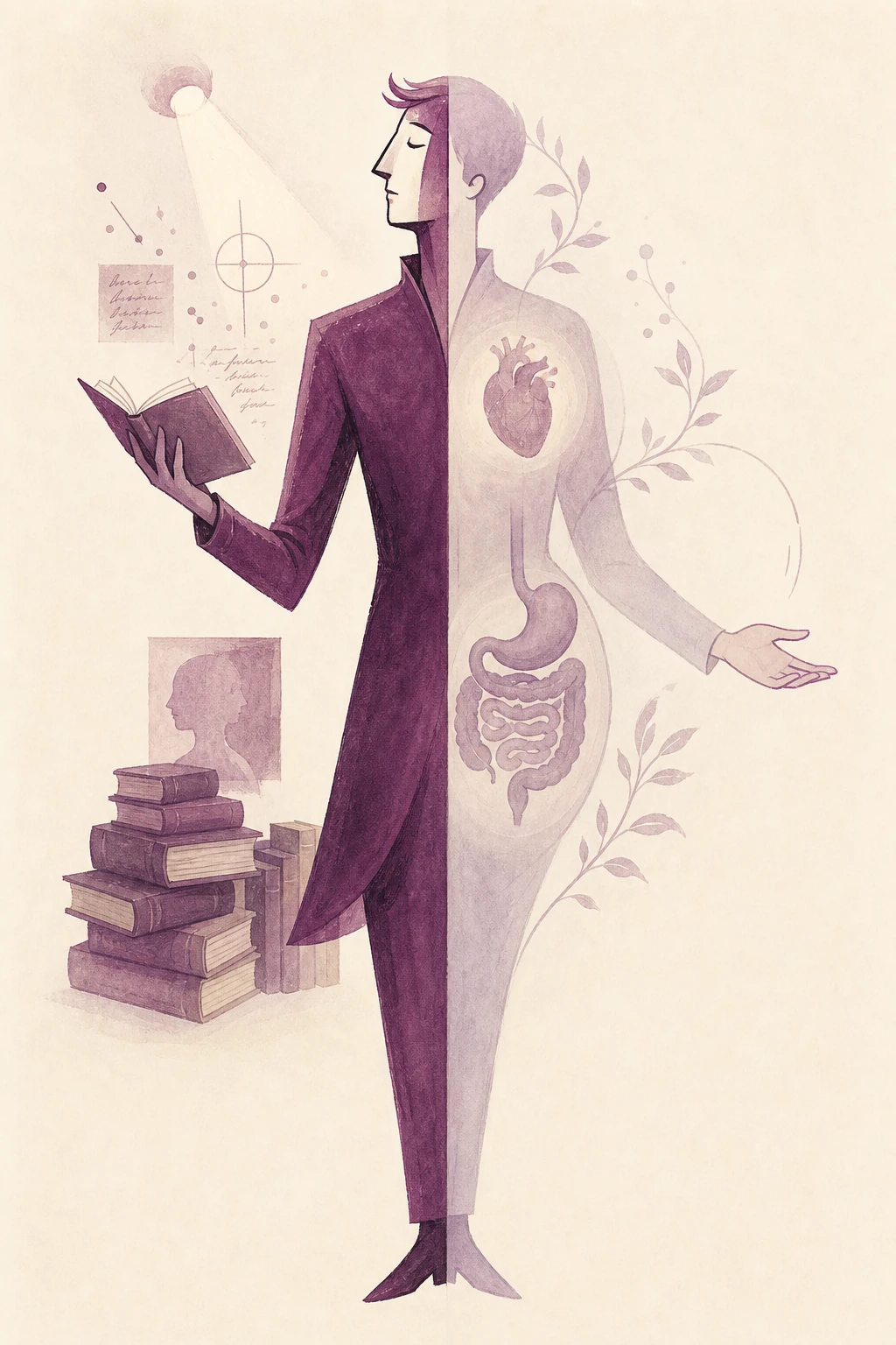 Acetylcholine — a split figure. One side bright with attention and books and light. The other side calm with the slowed gut and the unhurried gesture. Same molecule, two completely different roles.