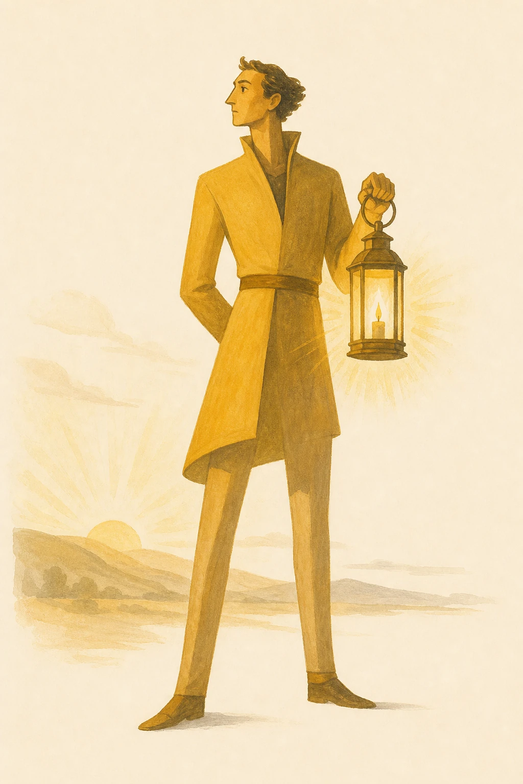 Histamine — the watchman. Upright, holding a small lantern in the steady ochre of daylight vigilance. The signal that keeps the lights on inside.