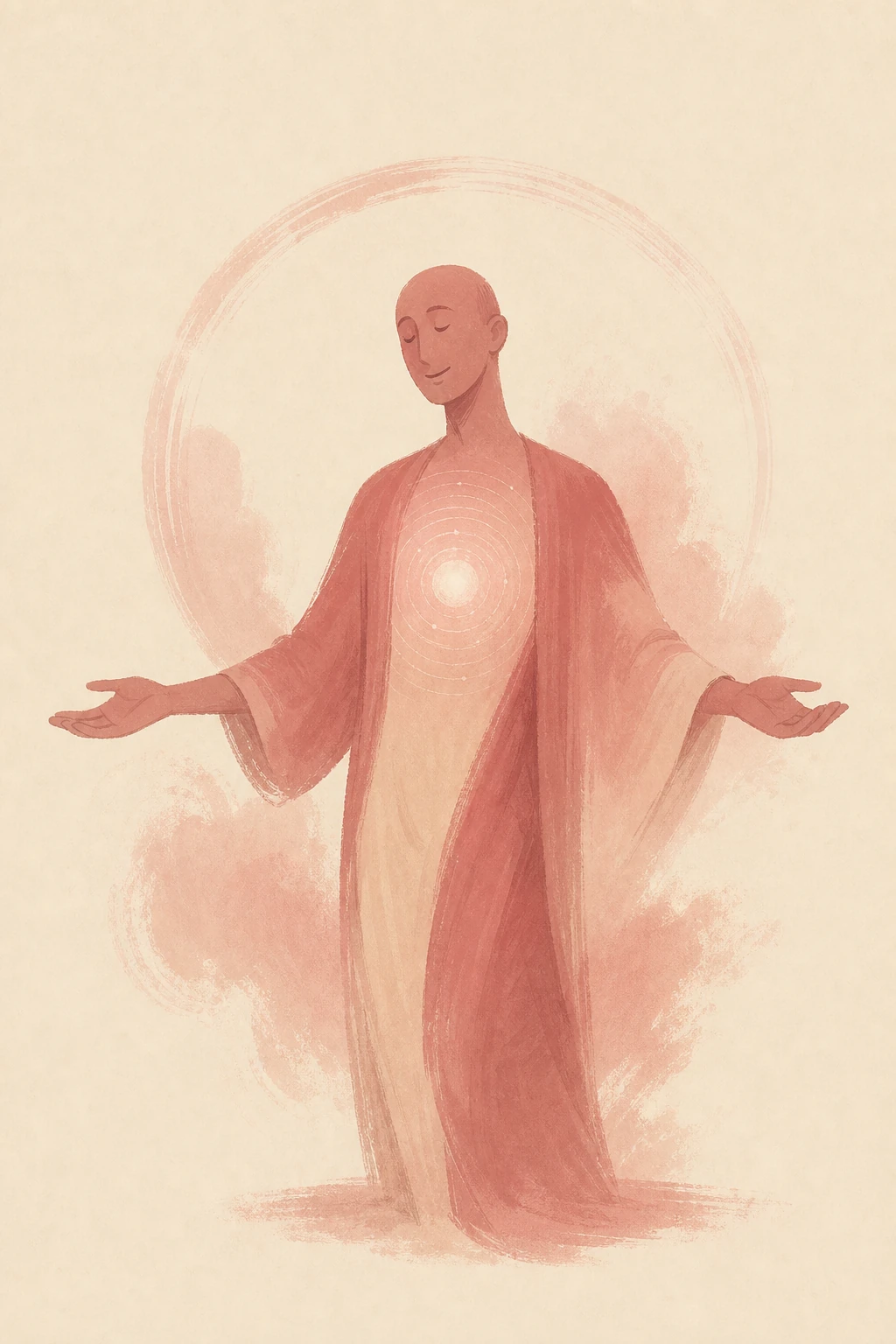 Endogenous opioids — arms gently extended, palms open. Neither euphoric nor sedated; settled. The body’s own analgesic, the substrate of the runner’s ease and the mother’s calm.