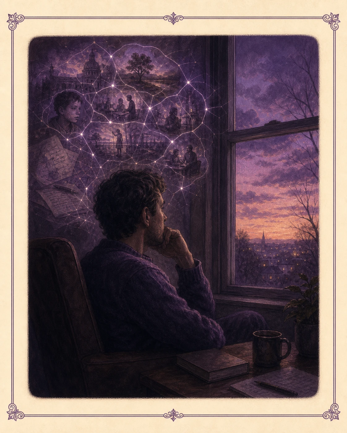 A person staring out a window at twilight, caught in inward reverie — autobiographical narrator active.