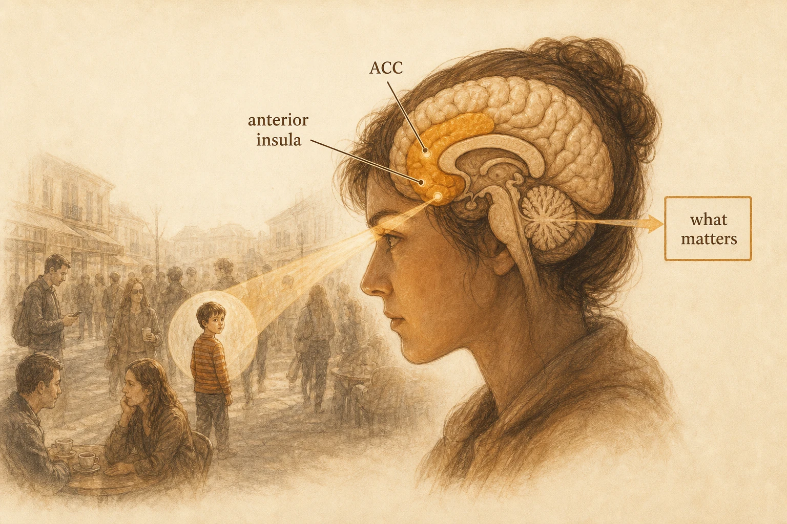 Anterior insula and ACC as a vigilant detector — scanning a busy scene and flagging what matters.