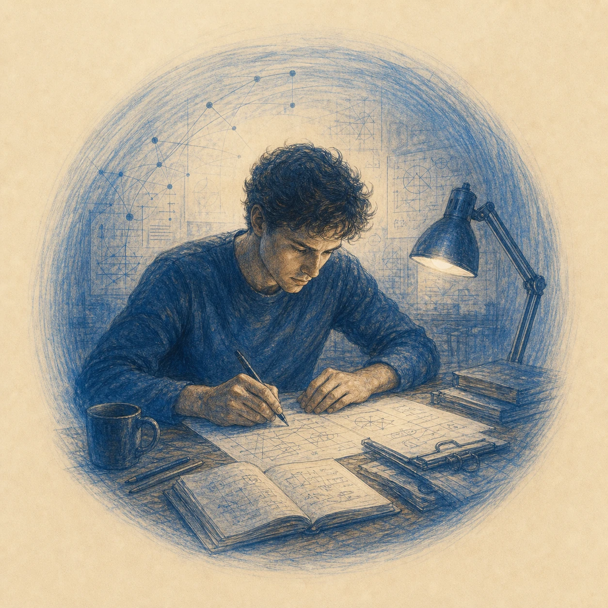 A person fully engaged in a complex task — diagrams in front of them, attention narrowed.