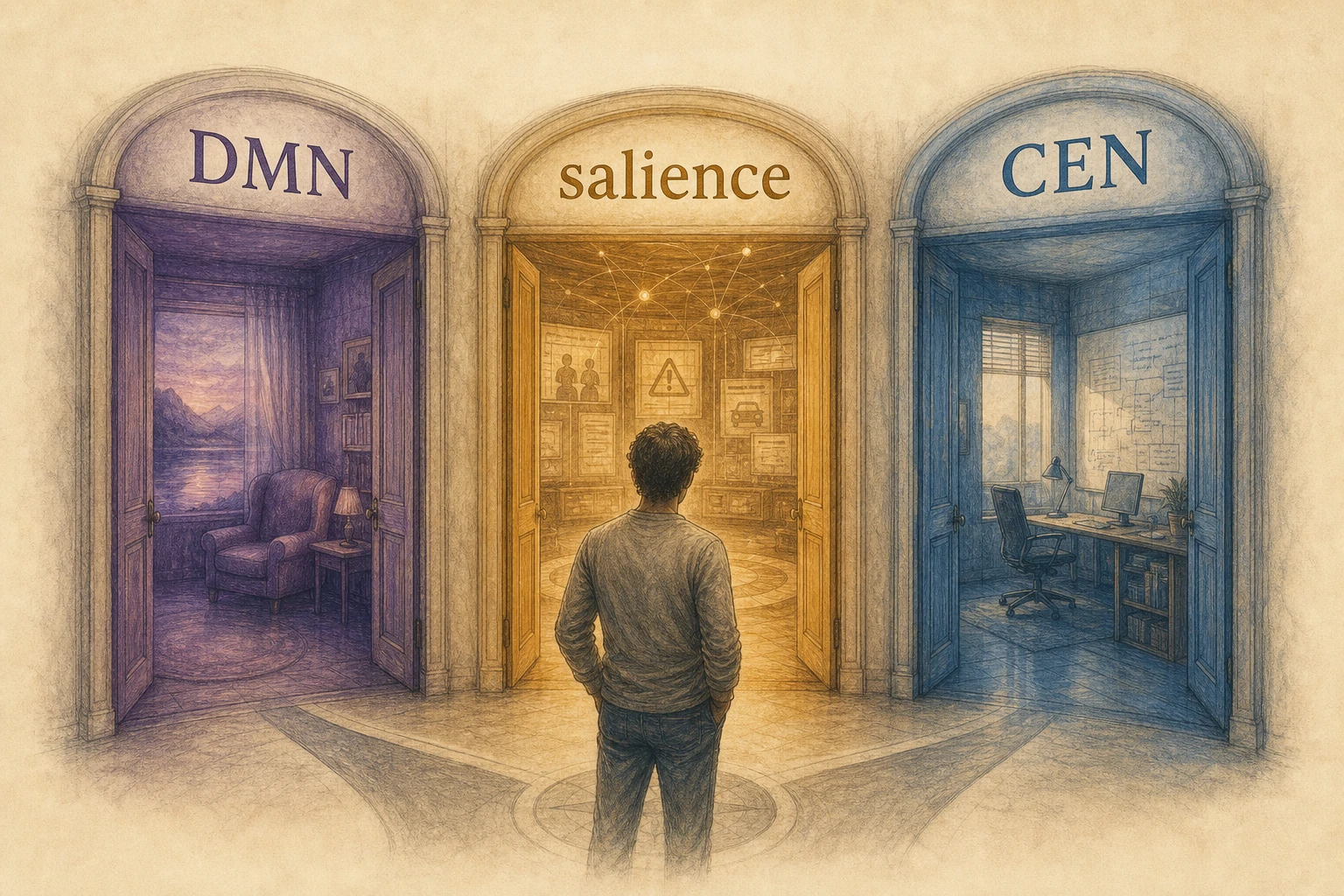 Three adjacent compartments labeled DMN, salience, CEN — figure standing at a juncture.