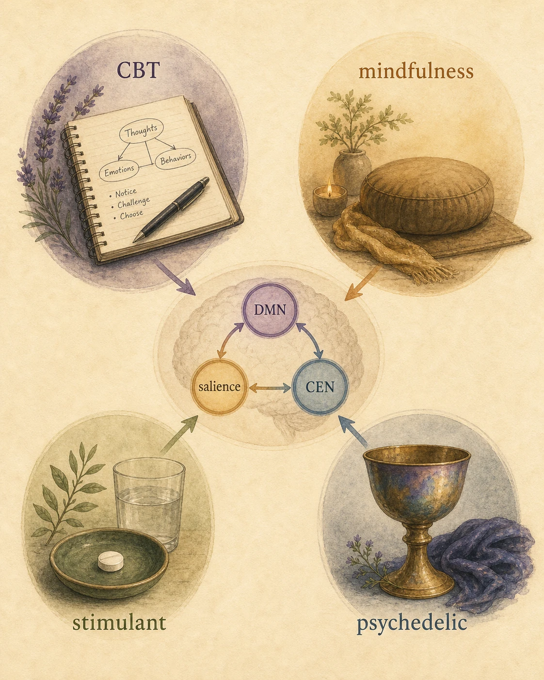 Four interventions converging on the same triple-network circuitry: CBT, mindfulness, stimulant, psychedelic.