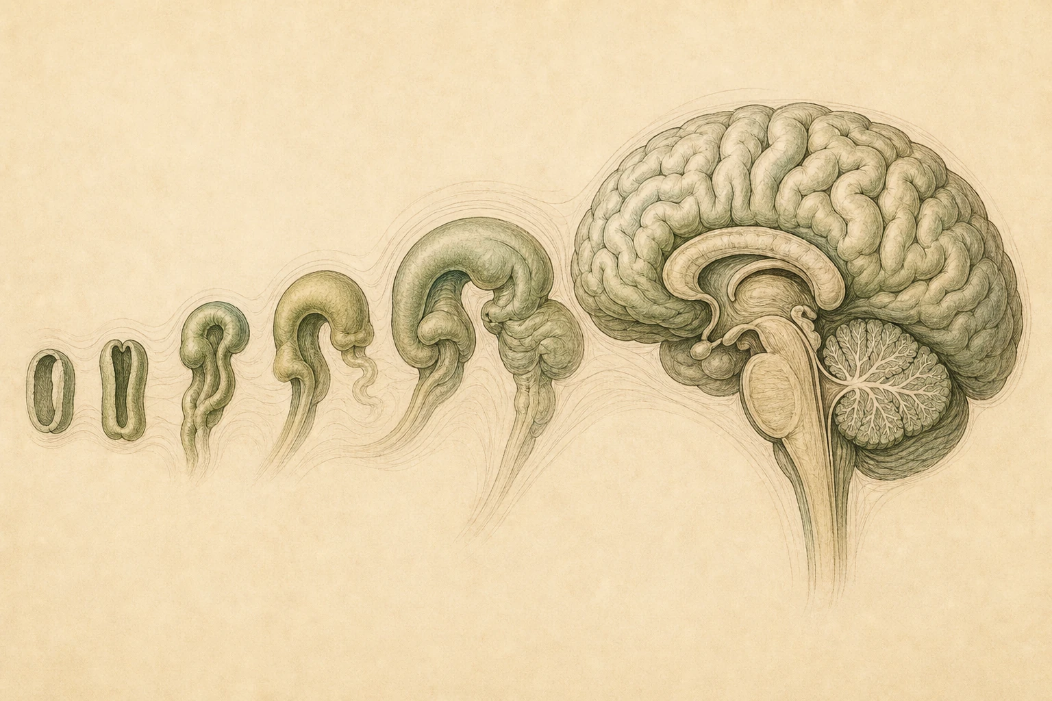 A neural tube unfurling into the layered architecture of the mature brain — billions of cells, each one finding its place over decades.