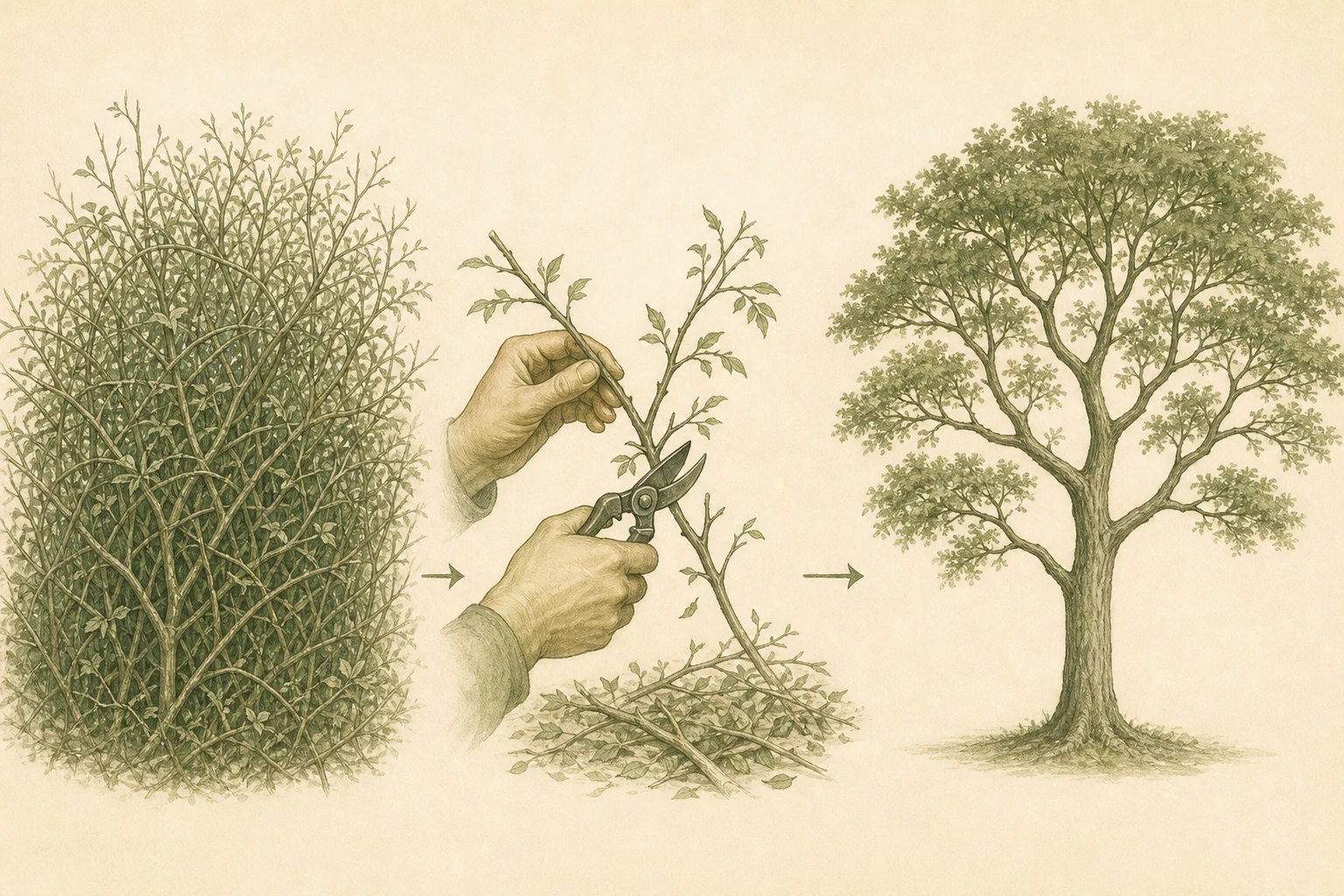 A dense thicket of branches being selectively pruned into the elegant form of a mature tree. The shape that remains depends entirely on what was cut.