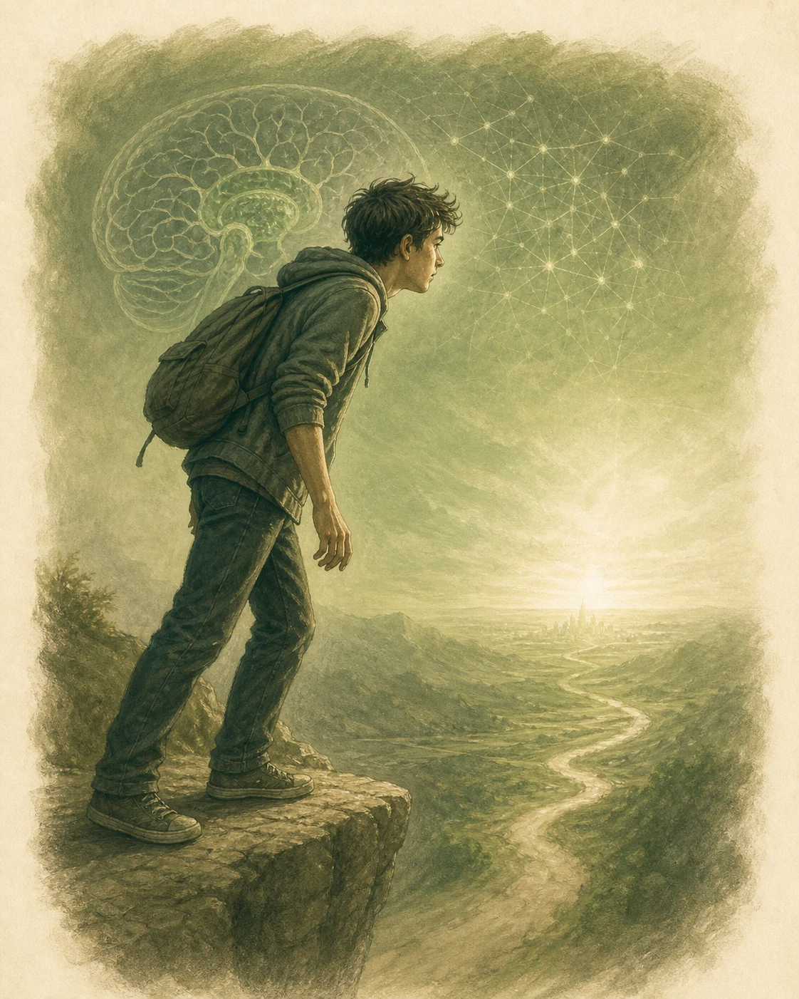 An adolescent at a precipice — the limbic system is already mature, the prefrontal cortex still wiring. The pull of reward outpaces the system that weighs consequences.