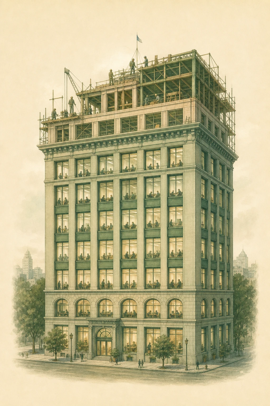 A construction site at the top of a tall building, finishing the last floor years after the lower floors have been in use. The whole structure has been waiting for this office to be ready.