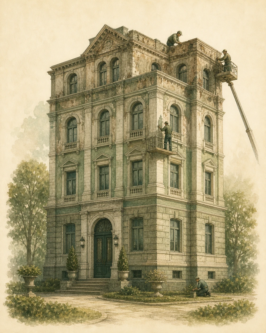 A building in graceful aging — the top floors weathered first, the foundations holding longer. Maintenance focuses on what is most vulnerable.