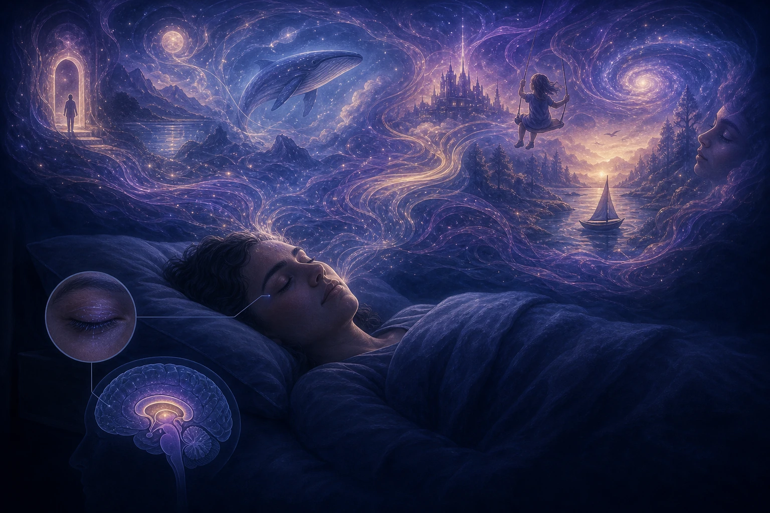 A figure asleep, eyes moving beneath closed lids — the body still, the brain in vivid motion. The disconnection is the dream state.