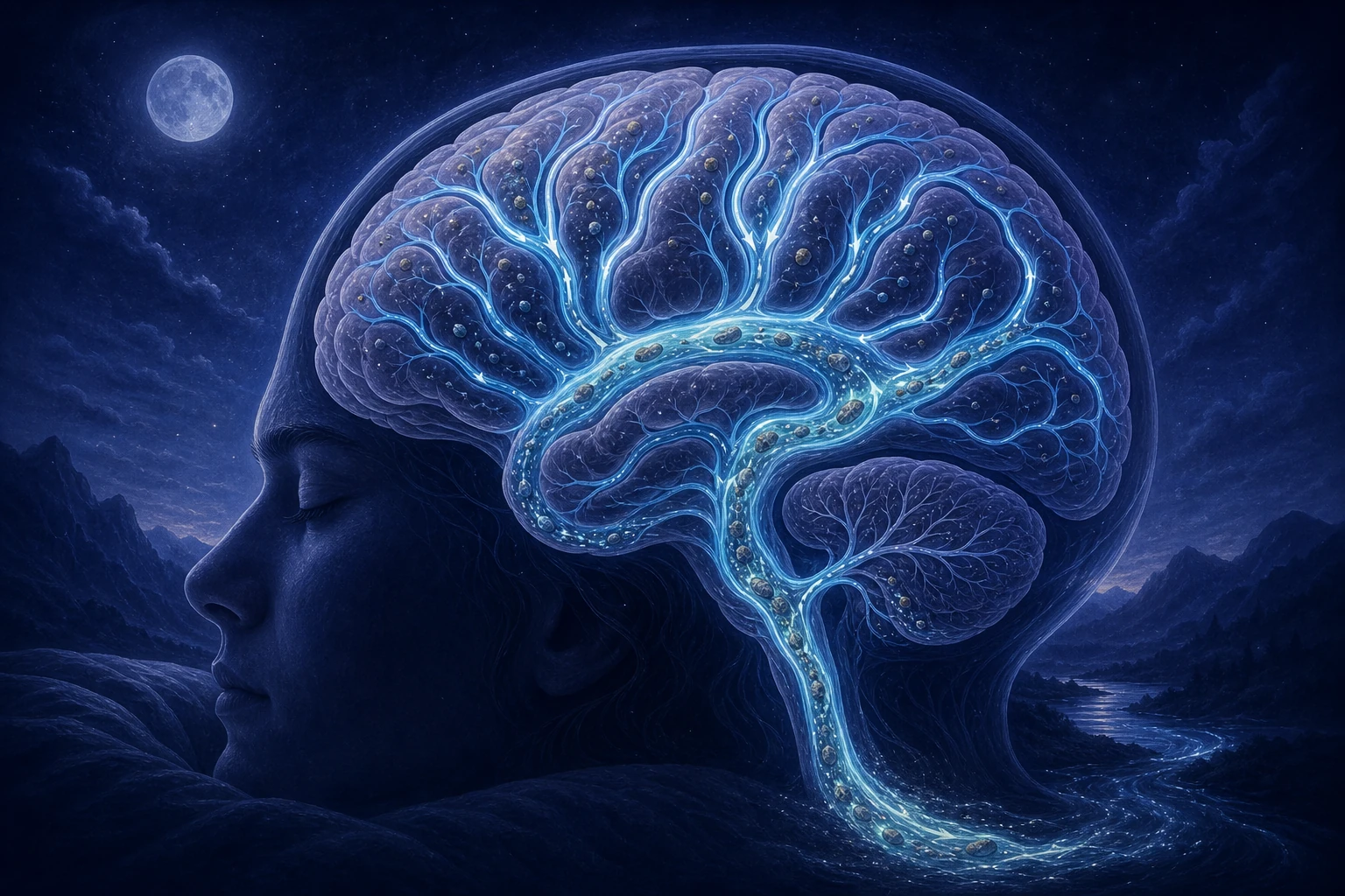 A river system flowing through the brain at night, carrying away waste that built up during the day. The flow only opens fully during deep sleep.