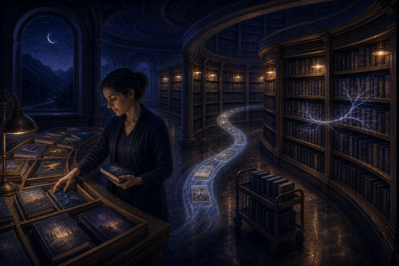 A librarian working at night, filing the day's books into long-term shelves. Without this nightly work, the day's memories cannot be properly consolidated.