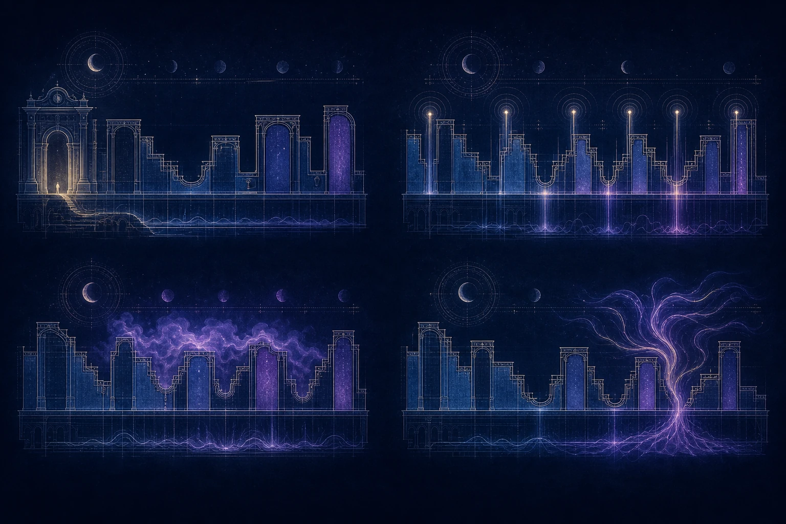 Four broken versions of the sleep architecture diagram — each disorder breaks a different part of the cycle, and the clinical consequences track the specific break.