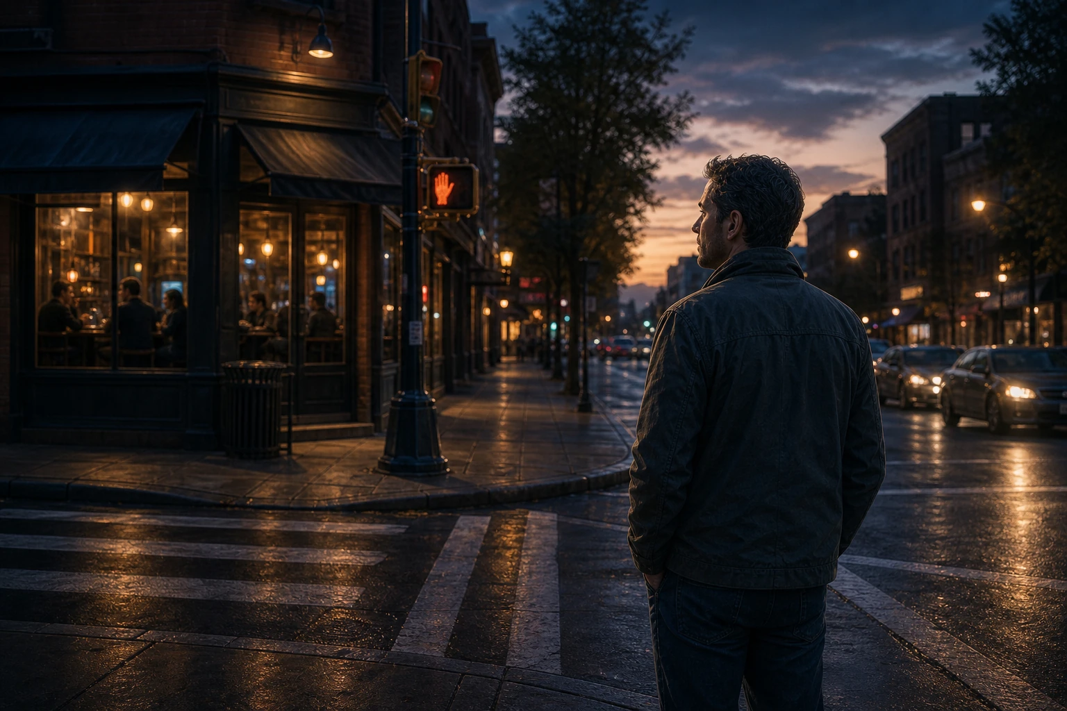A city street corner at dusk — a familiar place, a recovering patient approaching. The corner carries learned meaning.
