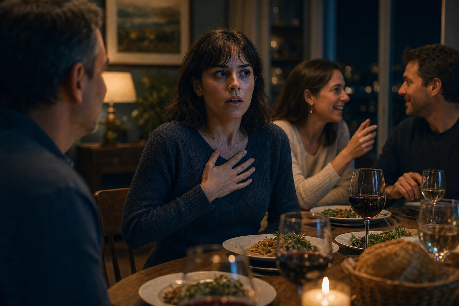 A person at a dinner table at the moment of panic onset — hand to chest, eyes widening, conversation continuing unaware.