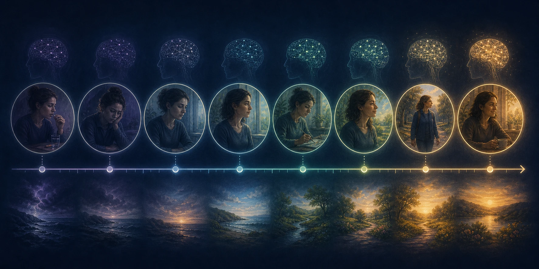 An eight-week timeline with day 1, week 2, week 4-6, week 8 — small painted vignettes at each point.
