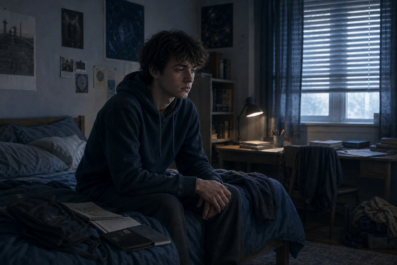 A 19-year-old in their bedroom during the prodromal phase — social withdrawal, expression unsettled but dignified.