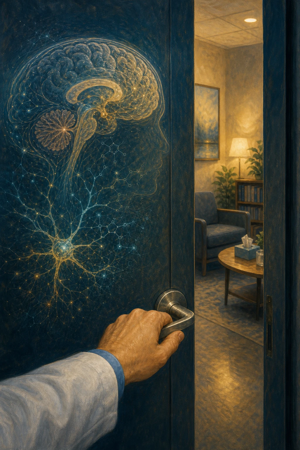 A clinician's hand reaching for the door handle of a patient's exam room — the moment before entry. Everything you've learned arrives with you in this moment.