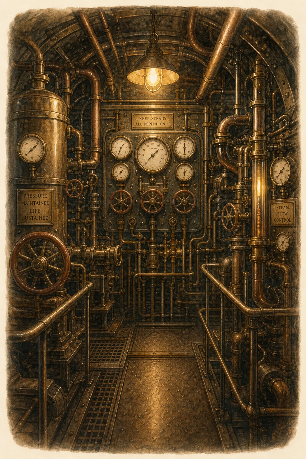 The engine room of an old ocean liner — pressure gauges live, dials moving, no one watching. This place keeps everything alive.