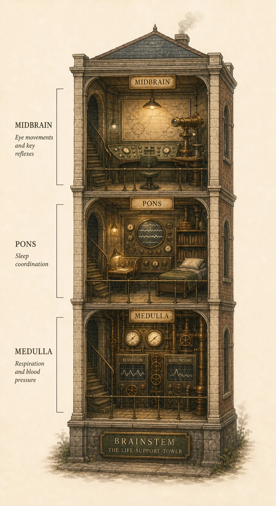 A tall narrow building cross-section with three floors — respiration at the bottom, sleep coordination middle, eye movements at the top.