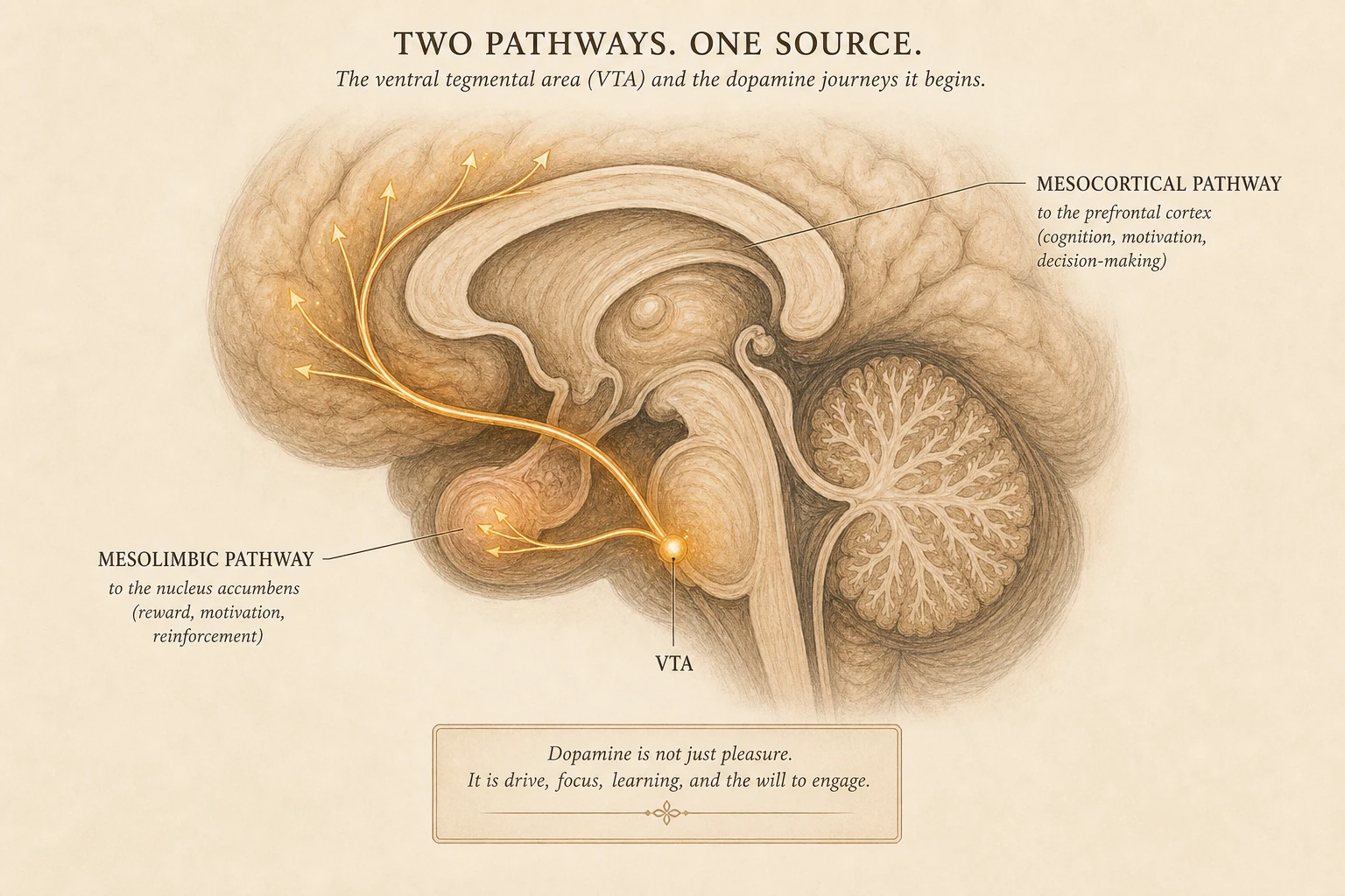 A small central source from which two pathways radiate — one rising forward, one rising upward. Two journeys from one origin.