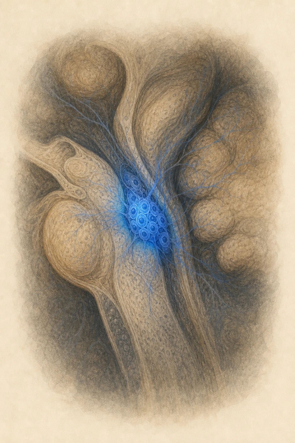 A tiny cluster of intensely cobalt-blue cells embedded in tissue — small source, vast reach.