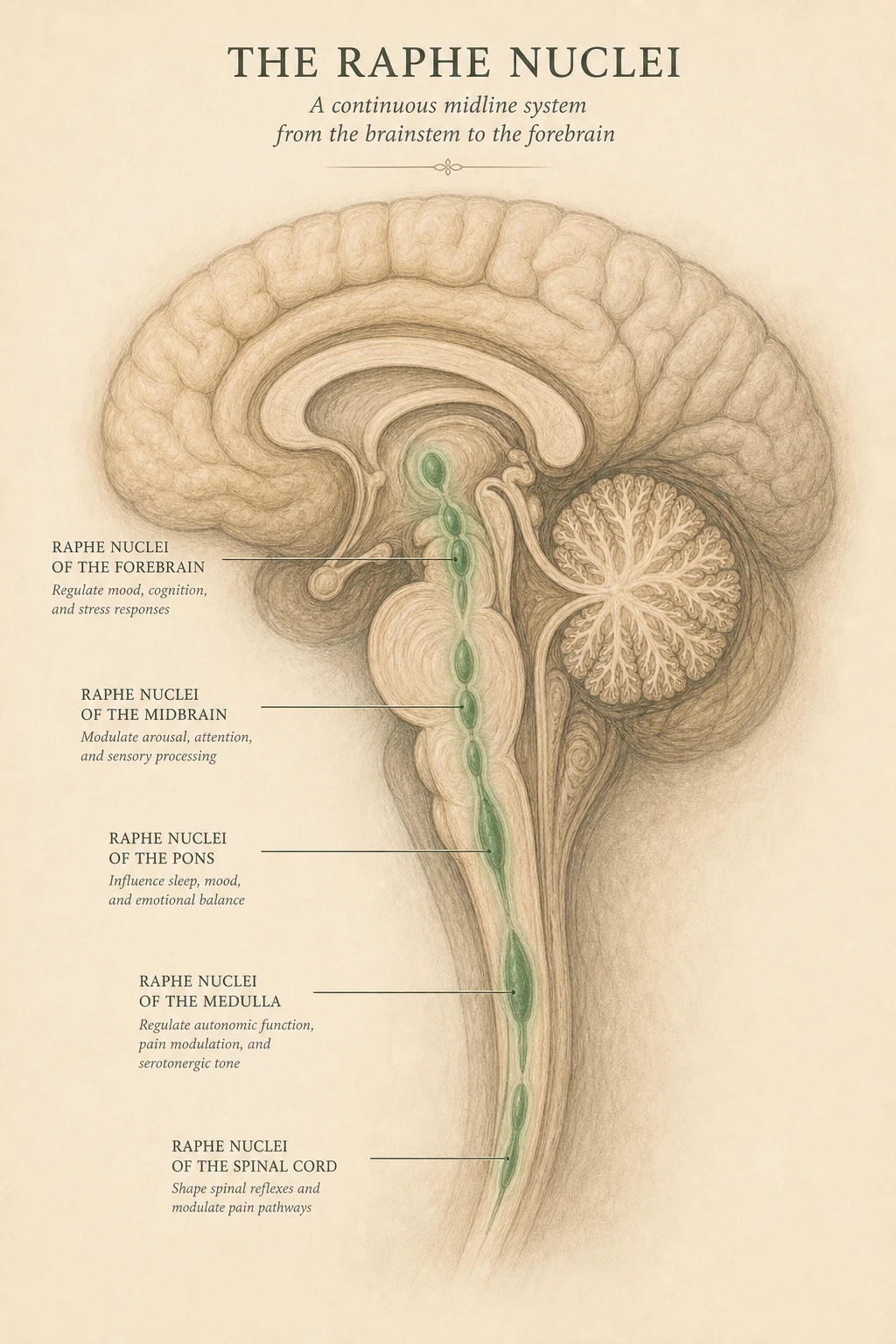 The raphe nuclei as a continuous vertical strip down the midline of the brainstem in soft sage green.