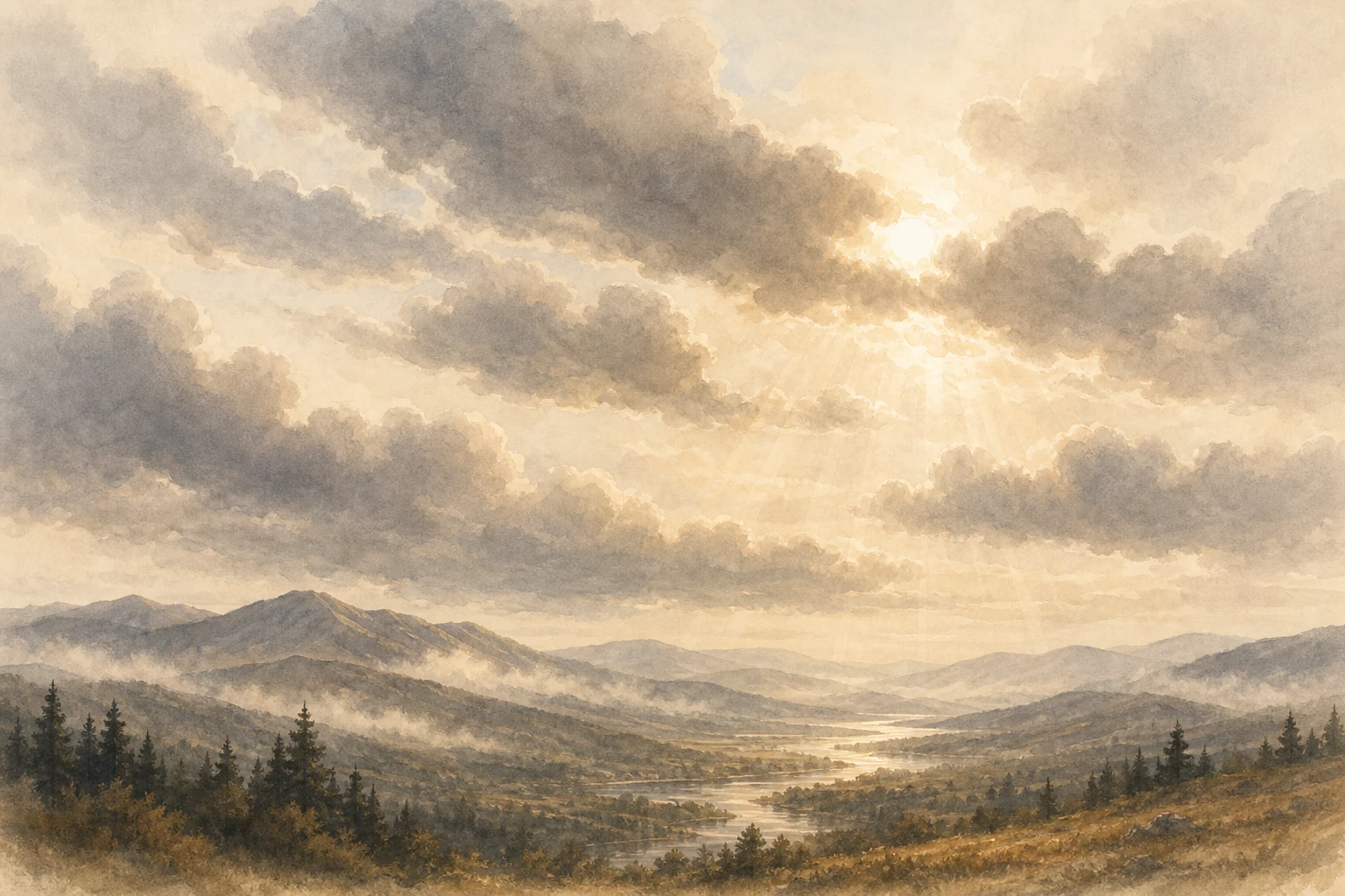 Low clouds drifting across a wide horizon — climate-setting influence, not focal signal.