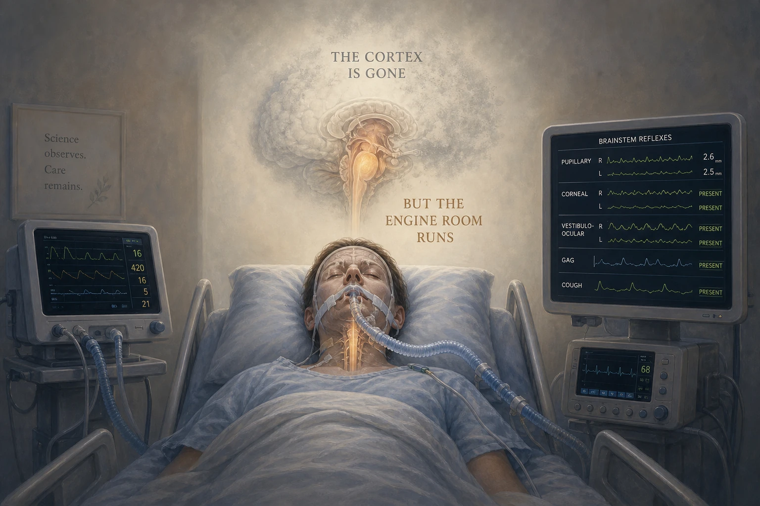 A quiet hospital room — patient under sheets, ventilator, monitors recording brainstem reflexes. The cortex is gone, but the engine room runs.