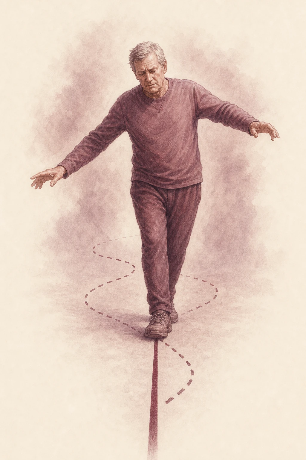 A figure attempting heel-to-toe walking, body slightly off-axis, arms extended for balance.