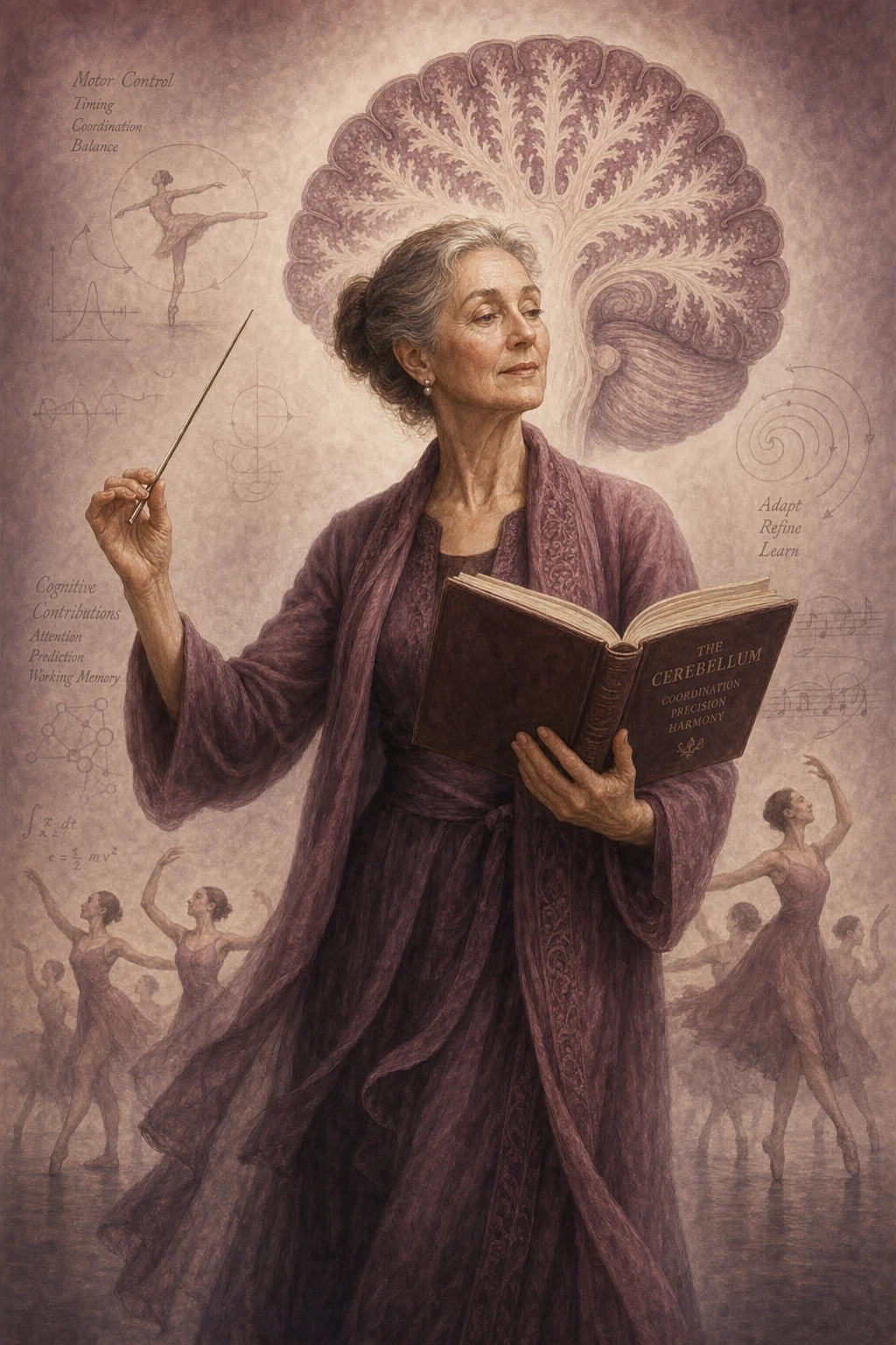 The choreographer holding both an open book and a conductor's baton — motor and cognitive coordination together.