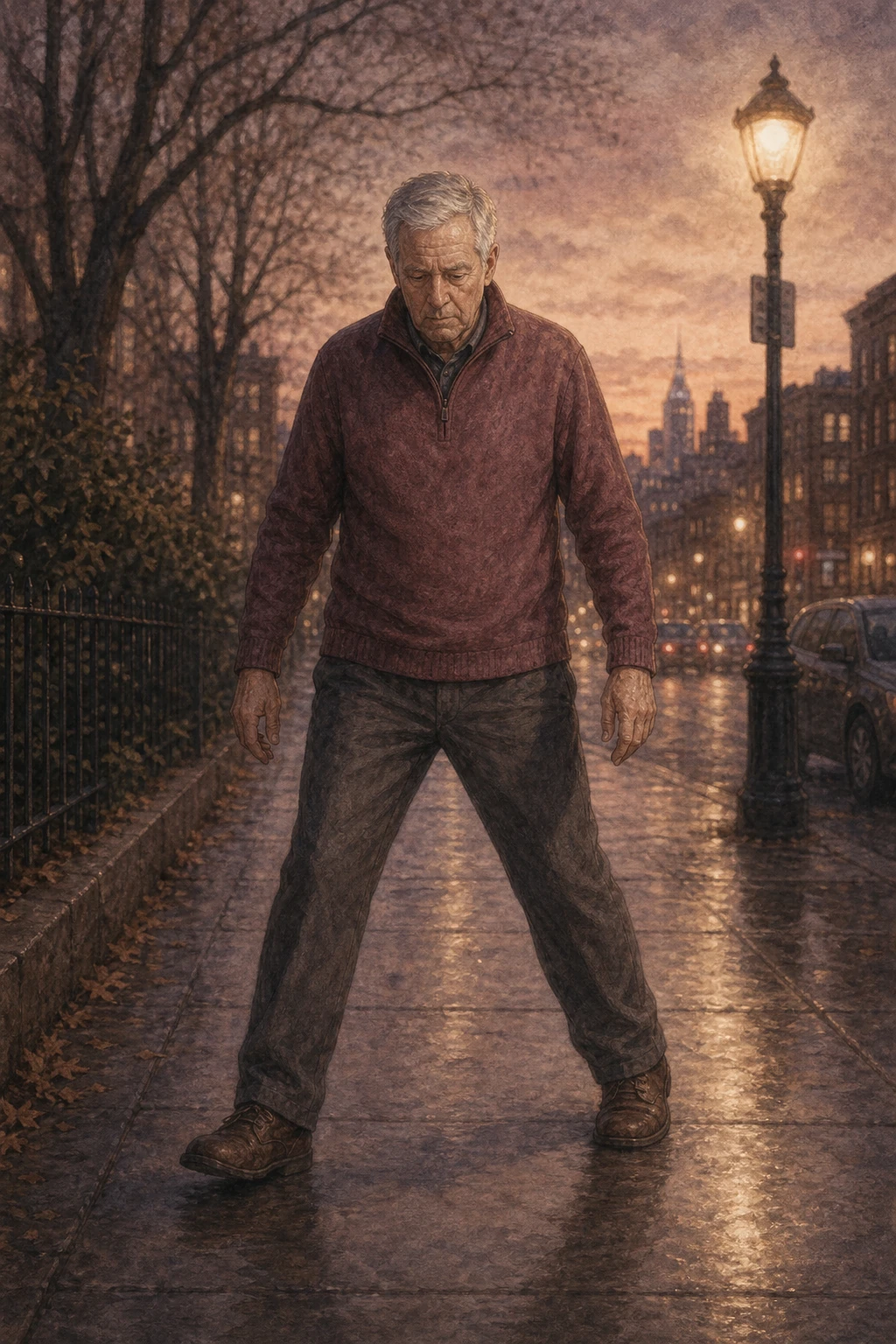 An older patient walking at dusk, stance wide, gait slightly unsteady — dignified, never judged.