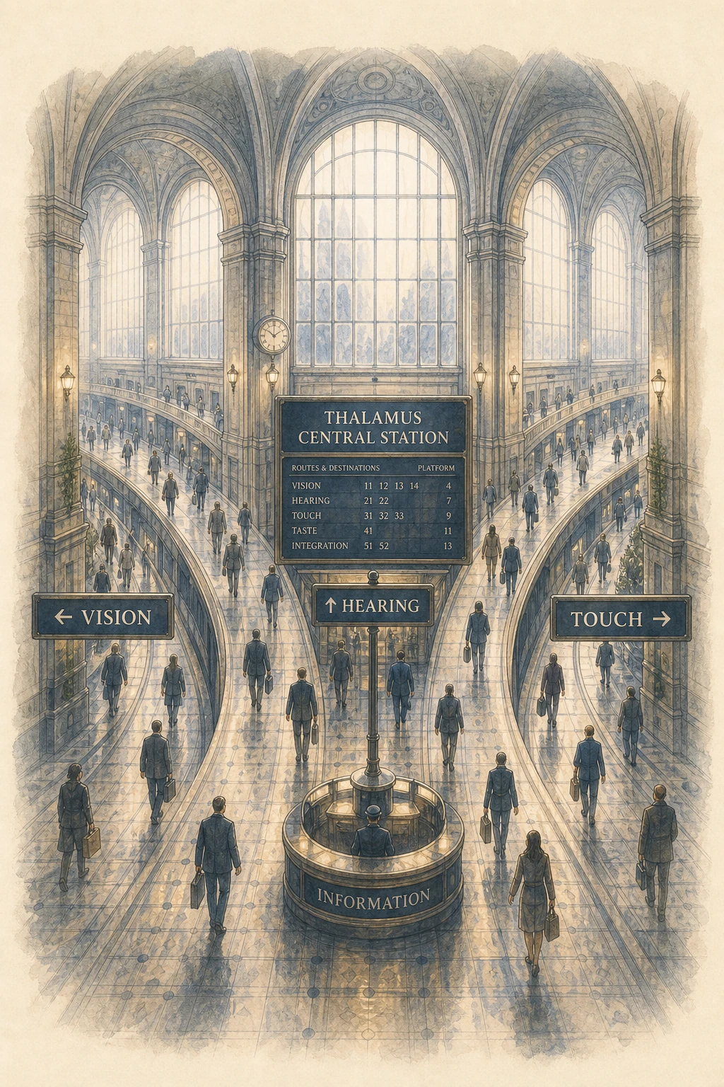 Grand transit station interior — arched ceiling, tall windows, multiple platforms, elegant tilework.