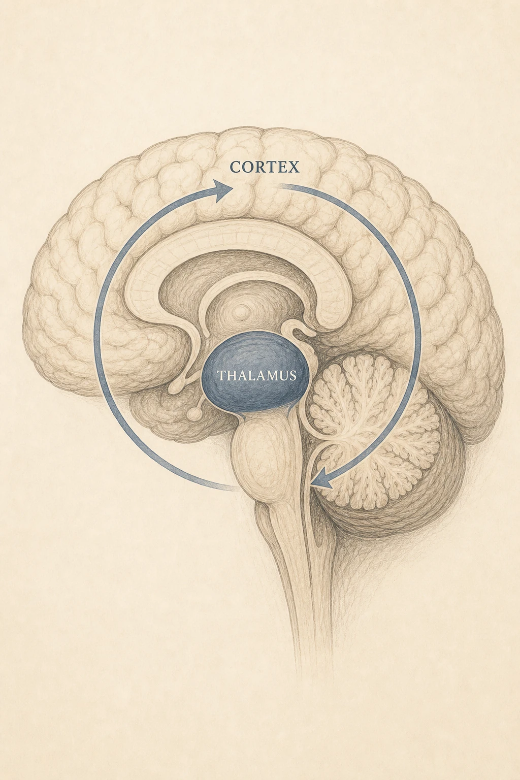 A continuous reciprocal loop between thalamus and cortex — arrows running both directions.