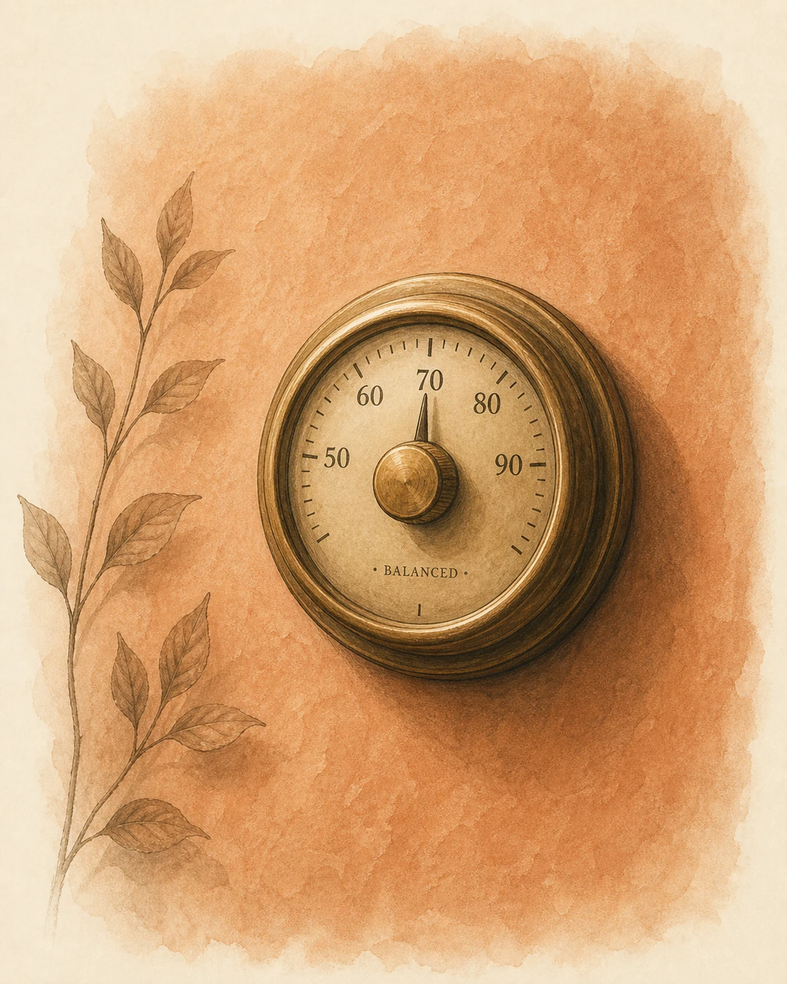 A vintage analog thermostat dial on a warm wall — small, central, regulating quietly.