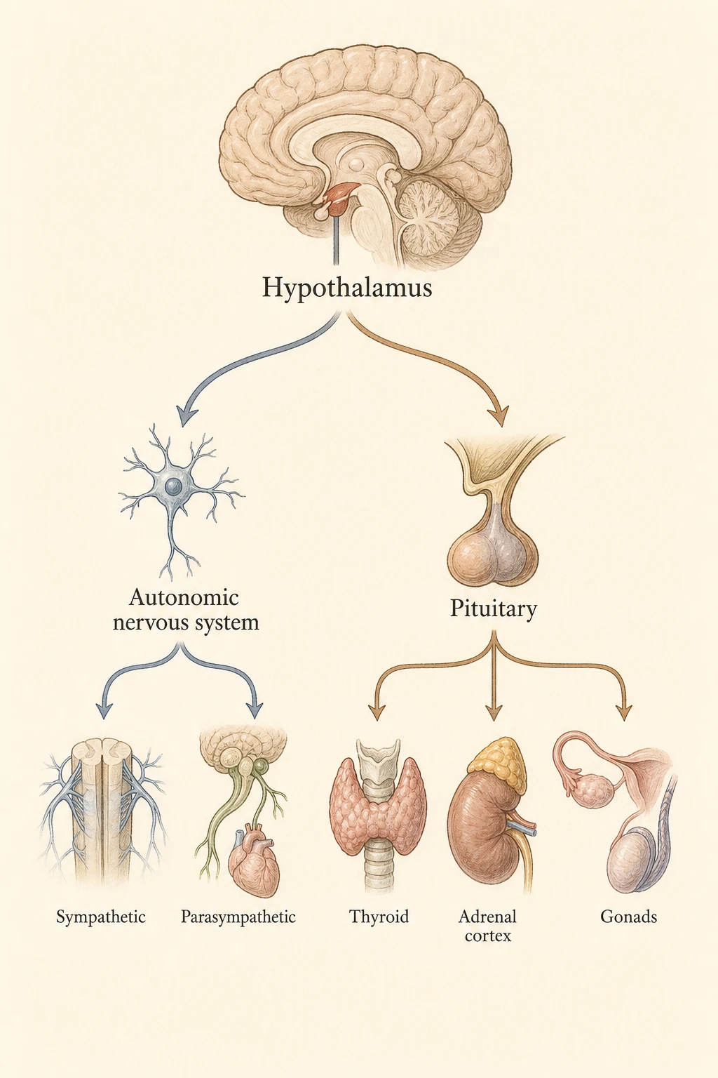 Branching diagram from hypothalamus to autonomic and endocrine outputs — thyroid, adrenal, gonads, growth, water balance.