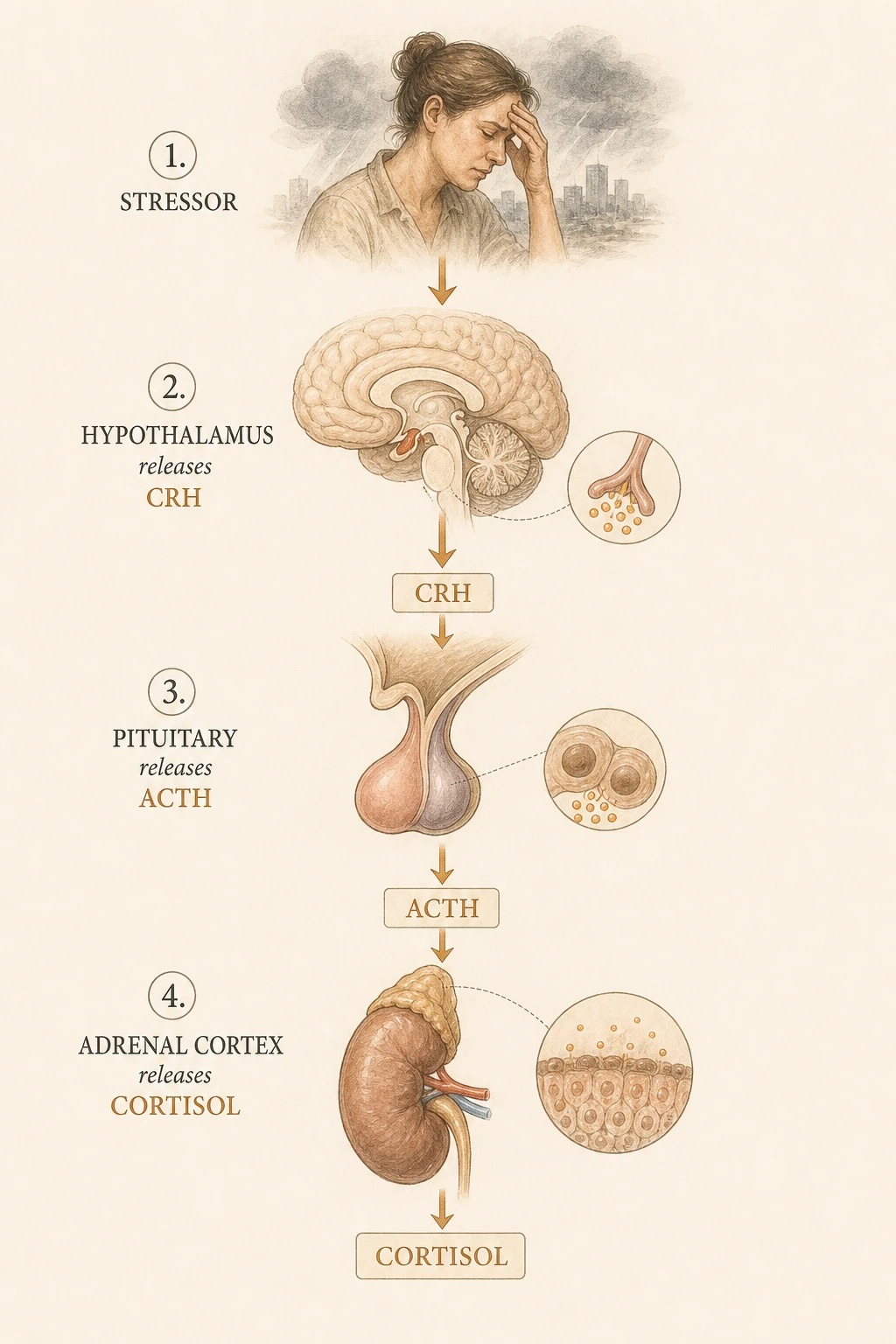 HPA cascade as four clear stages with elegant typography — stressor through to cortisol.