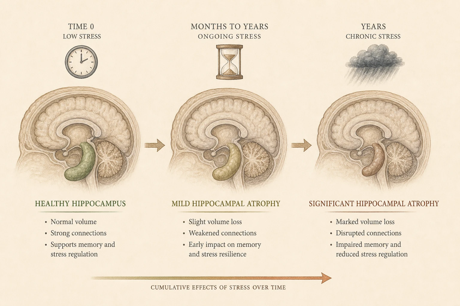 A hippocampus rendered three times across years of stress — healthy, mildly atrophied, visibly shrunken.