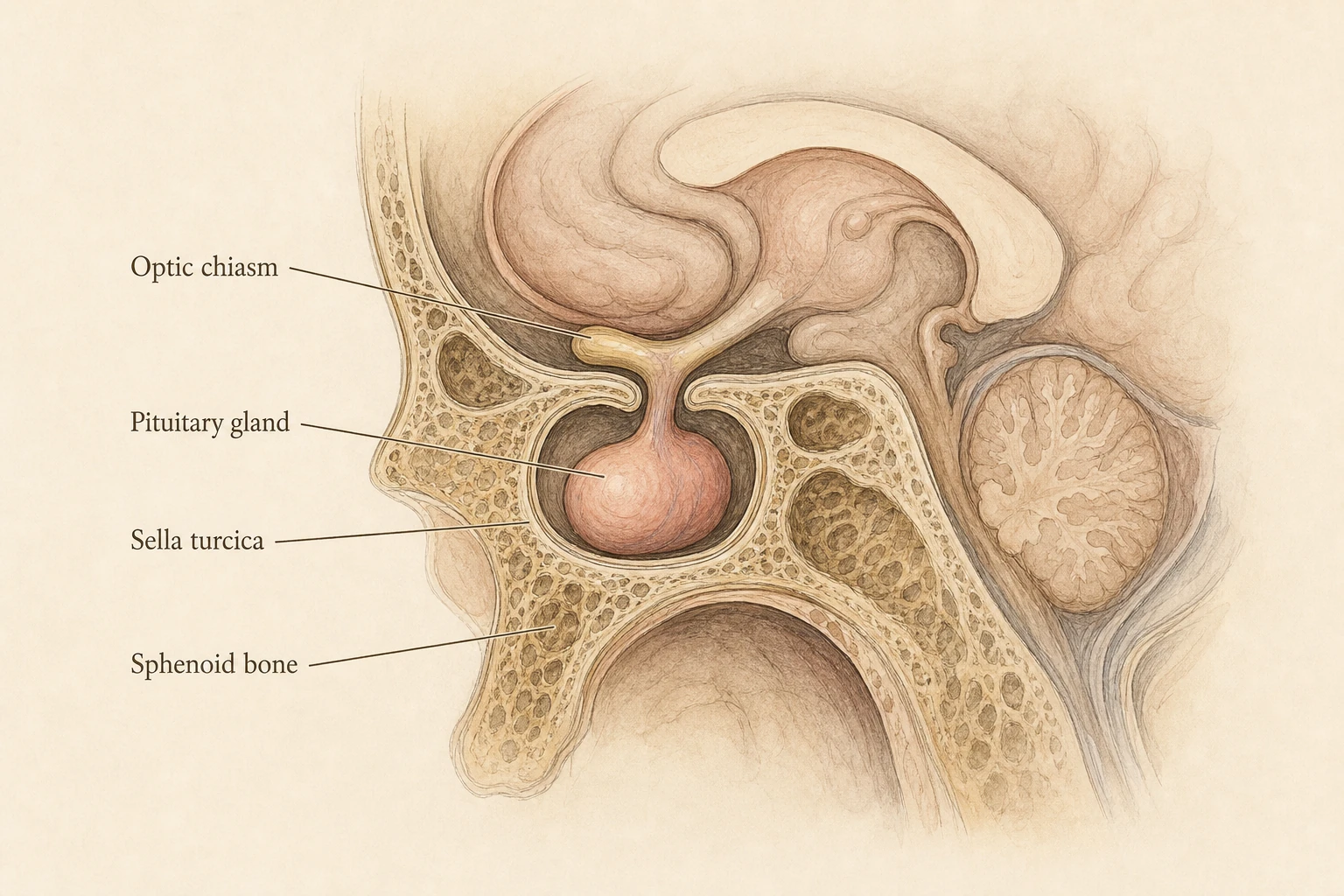 Sagittal skull base showing the sella turcica as a bony pocket cradling the pituitary, optic chiasm just above.