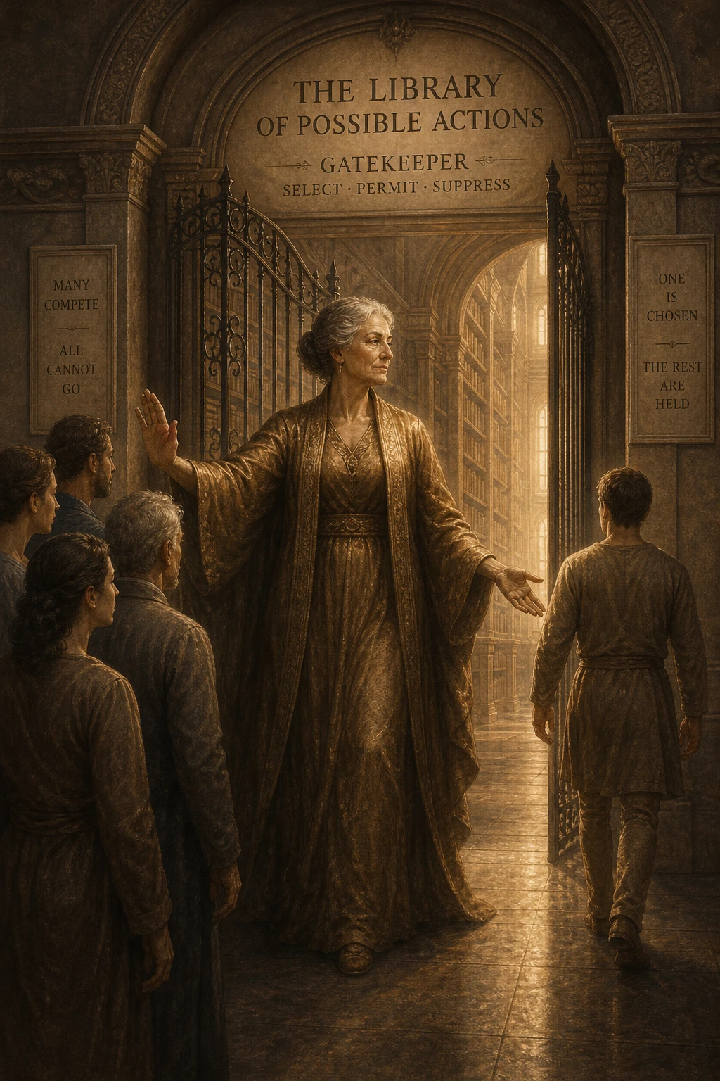 A dignified gatekeeper at the entrance of a library — letting one figure through, holding back others.