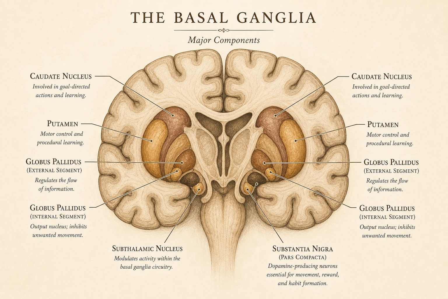 Major basal ganglia components labeled on a brain cross-section.