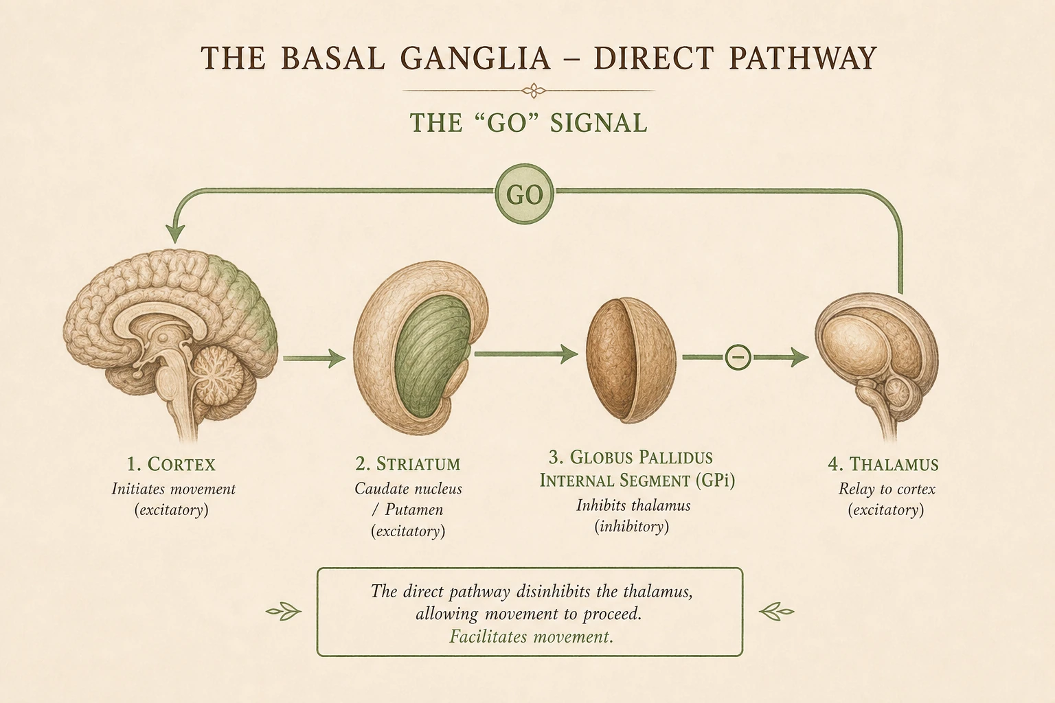 Direct pathway as a clear flow from cortex through striatum, GPi, thalamus, back to cortex — highlighted in warm green.