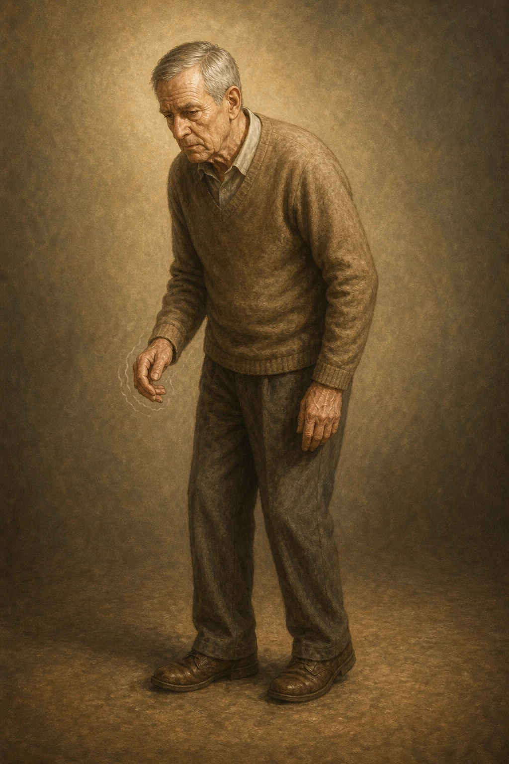Older patient with classic Parkinson's posture — slight stoop, masked face, resting tremor in one hand.