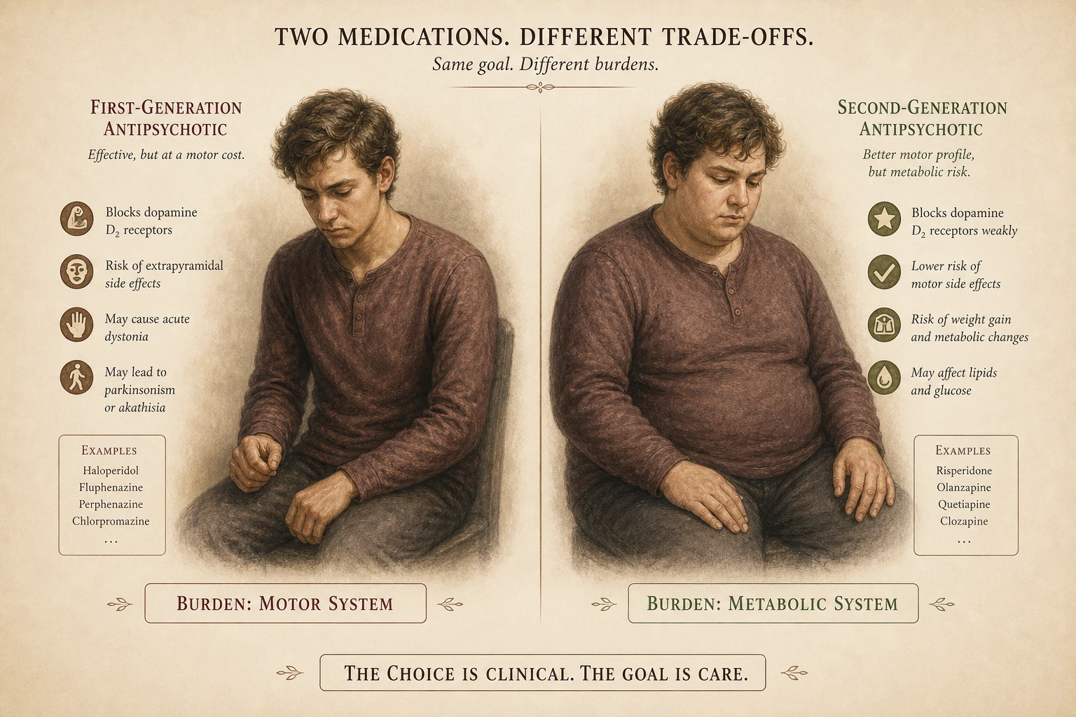Same patient on first-generation (motor stiffness) vs second-generation (weight gain) antipsychotic.