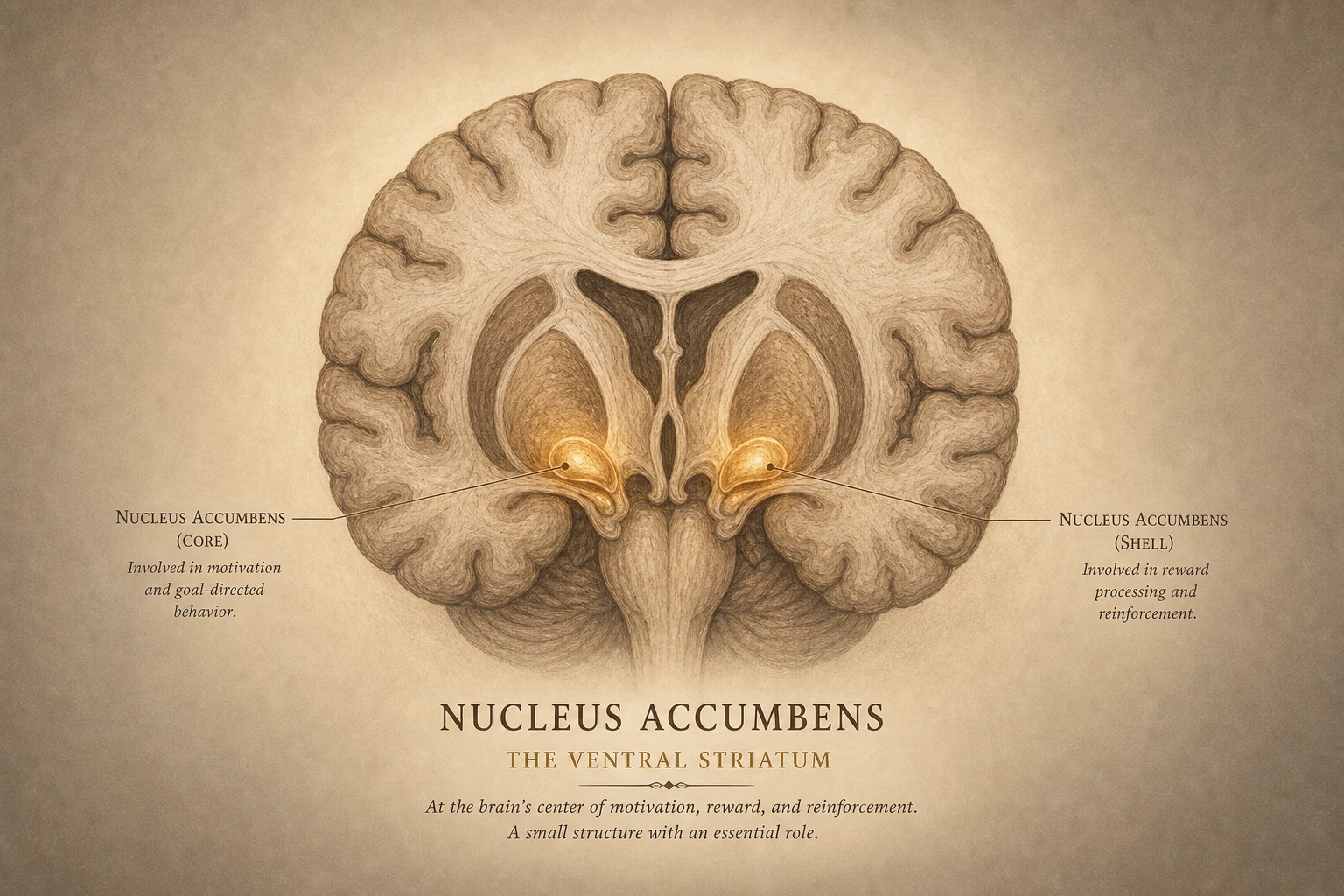 Brain cross-section with nucleus accumbens (ventral striatum) glowing softly at the center.