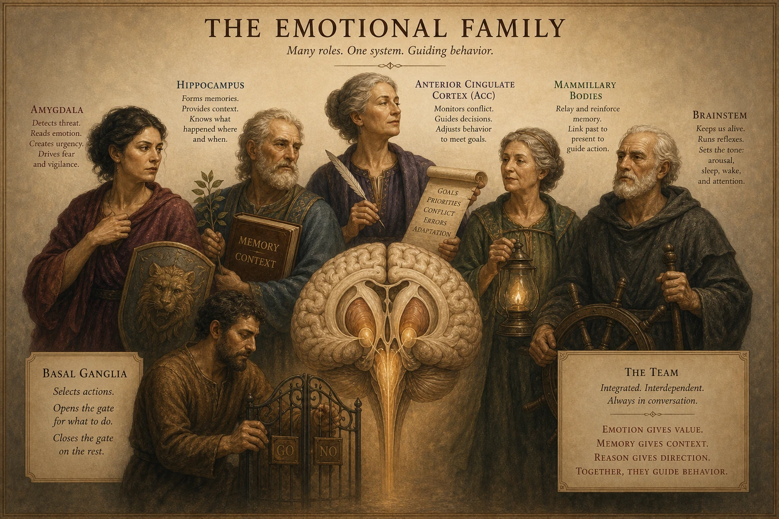 The emotional family — amygdala, hippocampus, ACC, mammillary bodies — gathered like a family portrait around the central structures.