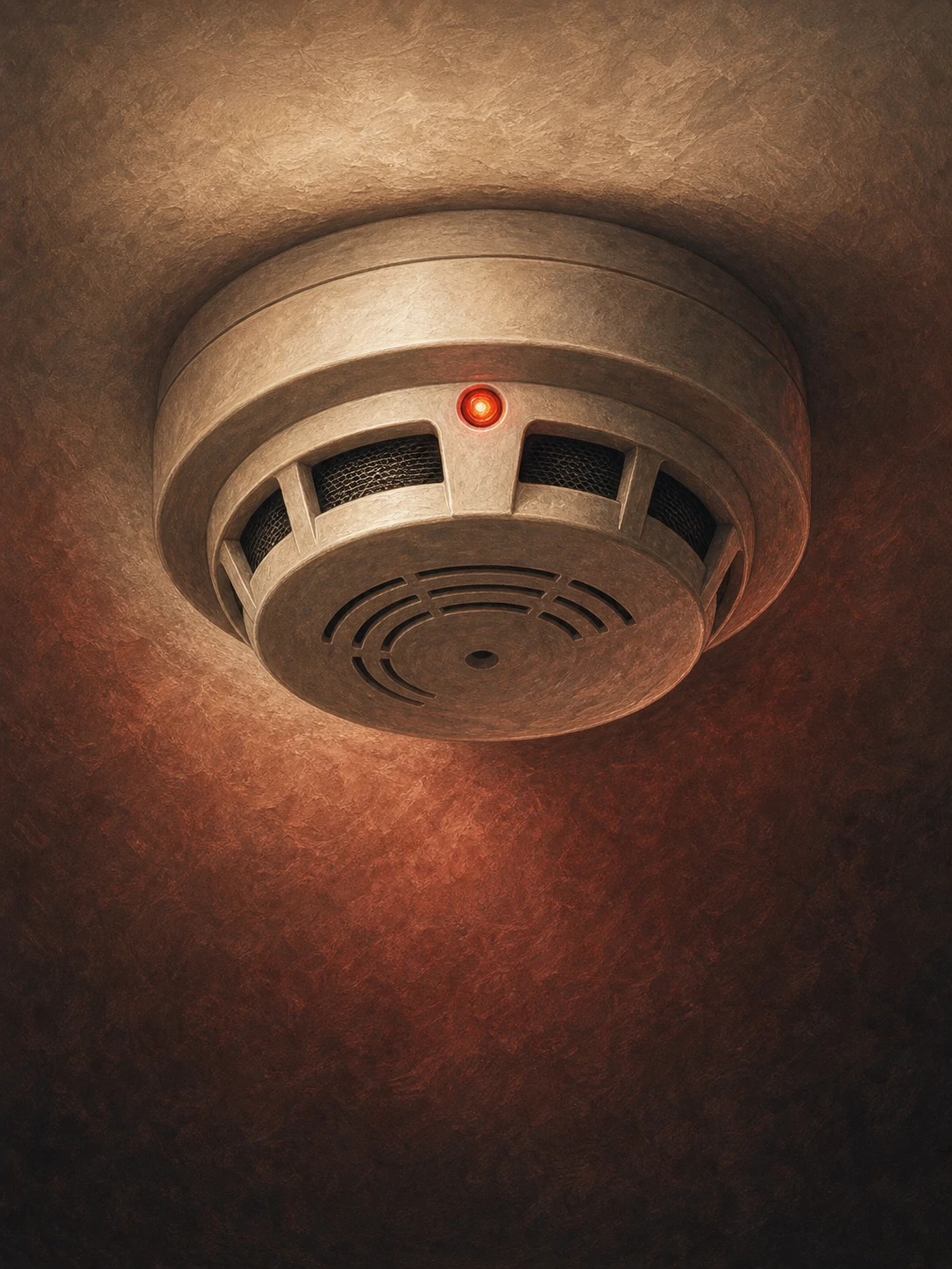 A smoke detector on a ceiling, dramatic warm crimson shadows below — vigilant, fast, primed to alarm.